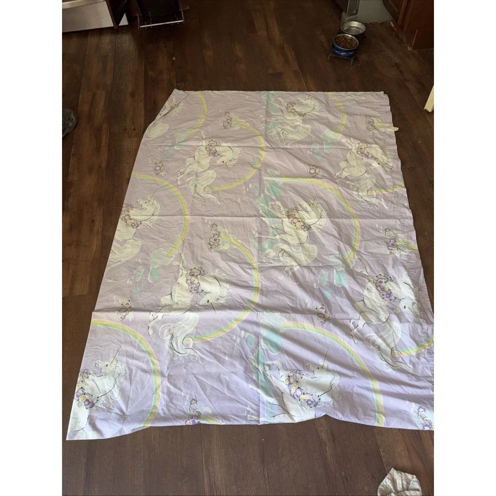 Vintage Bibb Co Unicorn Flat Sheet Full Size 80s Purple Mythical Rainbow Flowers